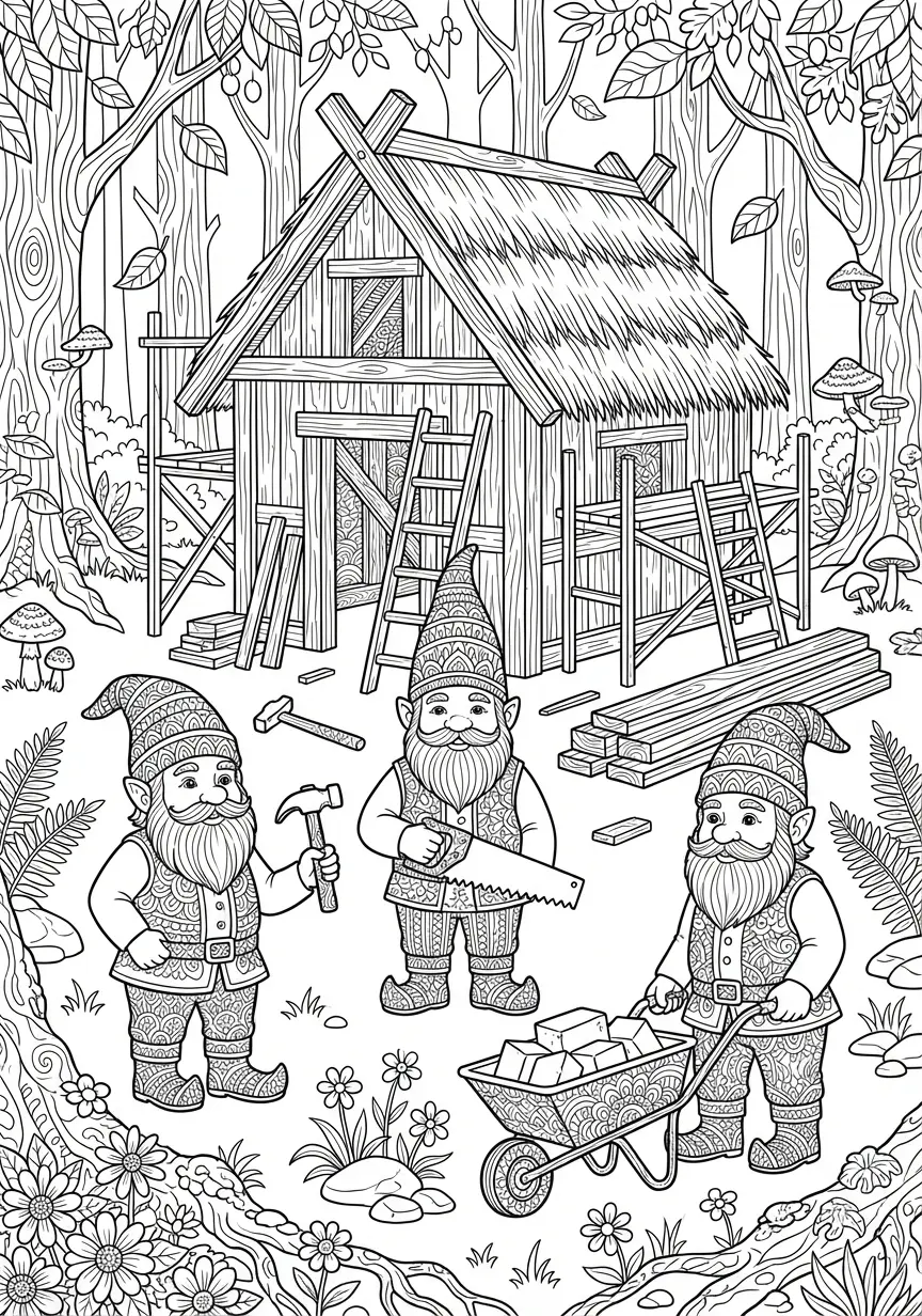 Filigranes Mandala mit Wichteln und einer Hausbaustelle