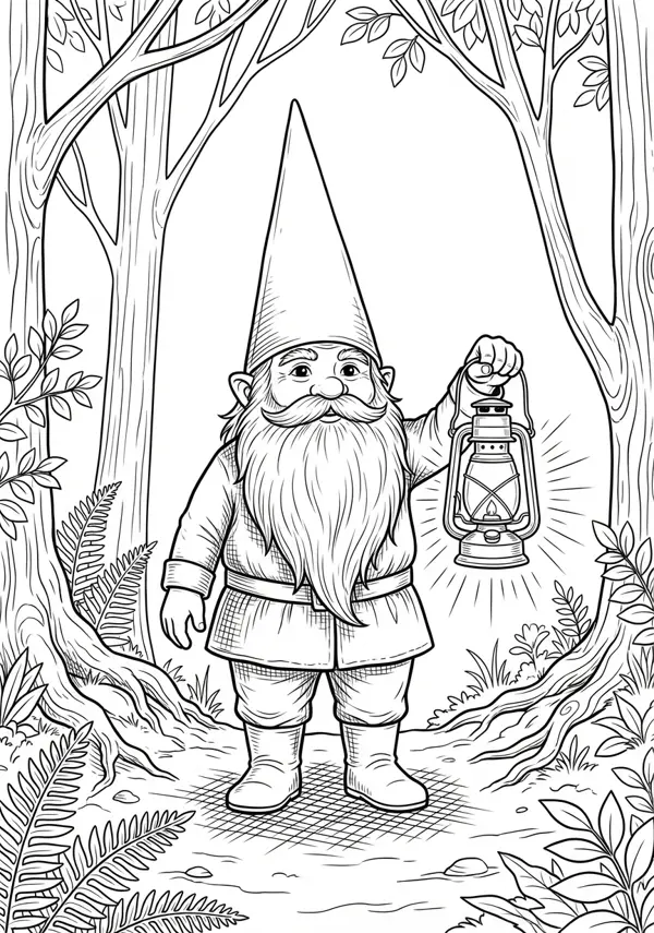 Ausgewogene Malvorlage eines Gnomes mit einer leuchtenden Lampe auf einem Waldpfad mit einigen Details