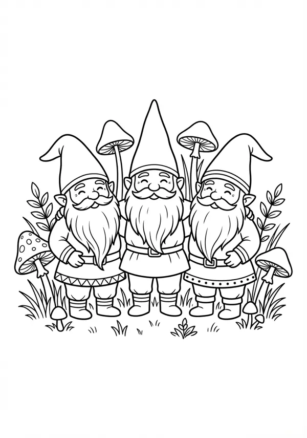 Ausgewogene Malvorlage von drei Wichteln mit detailreichen Bärten und Kleidung vor einem Waldhintergrund