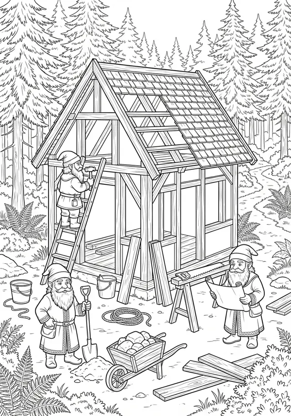 Ausgewogene Malvorlage von drei Wichteln, die ihr Holzhaus mit ansprechenden Details errichten