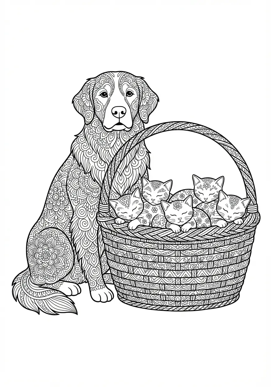 Komplexes Mandala mit Hund und filigranen Katzenbabys