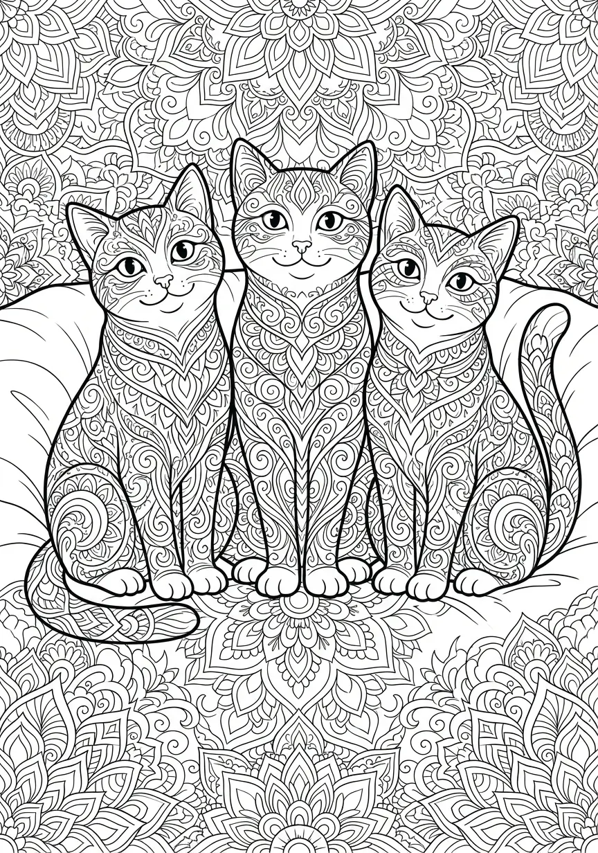Filigranes Katzen-Mandala mit drei komplex gemusterten Tieren