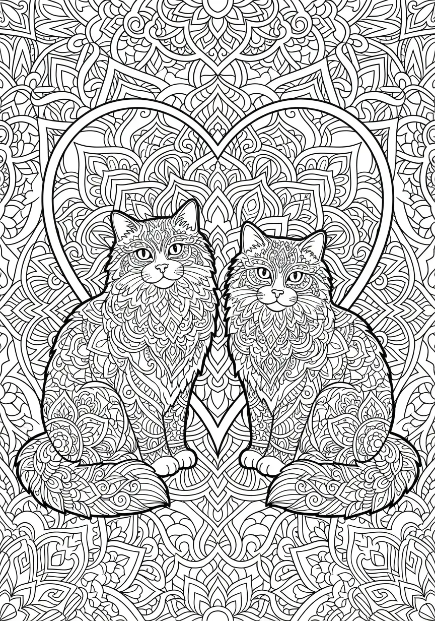 Filigranes Katzen-Mandala mit einem detailreichen Herz