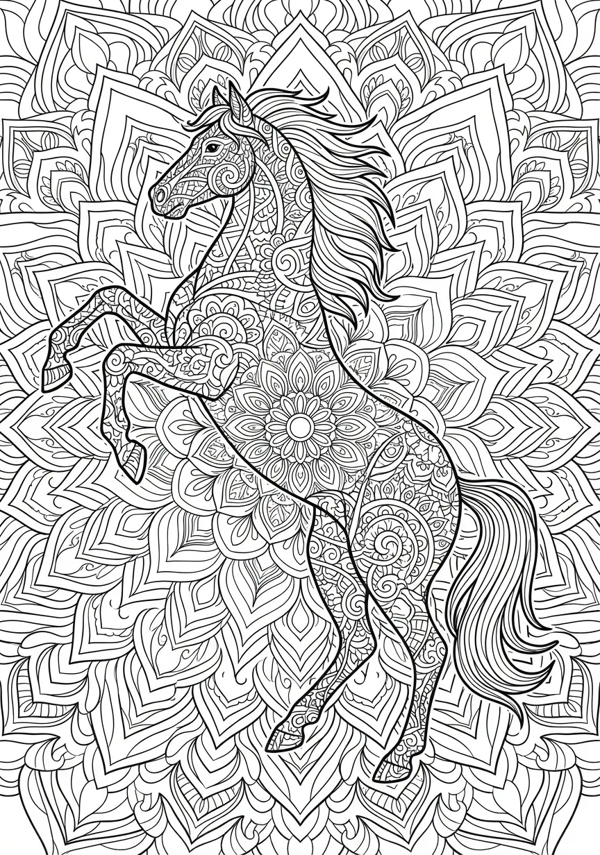 Komplexes Mandala eines steigenden Pferdes voller Details