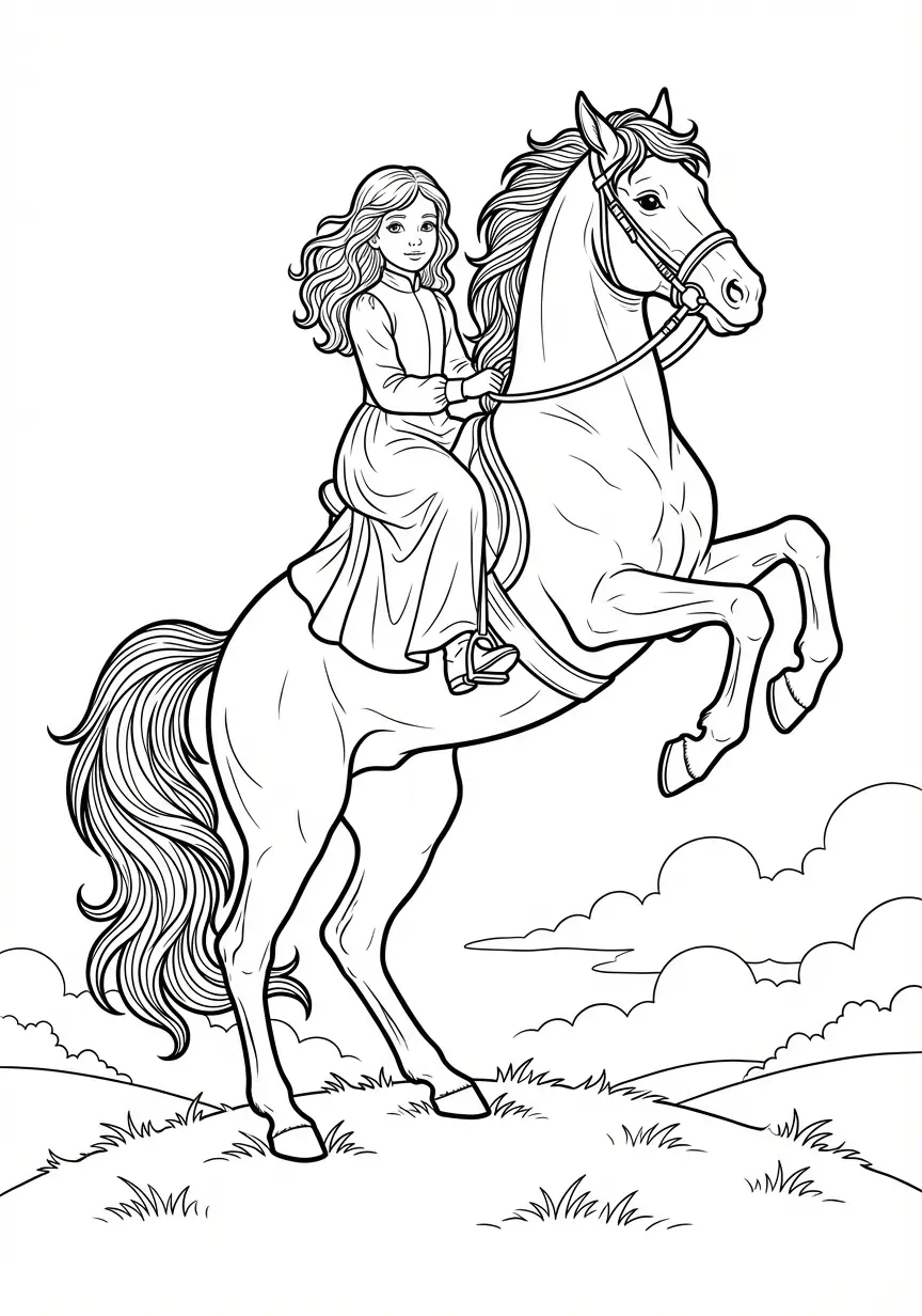 Anmutige Reiterin auf einem elegant aufbäumenden Pferd