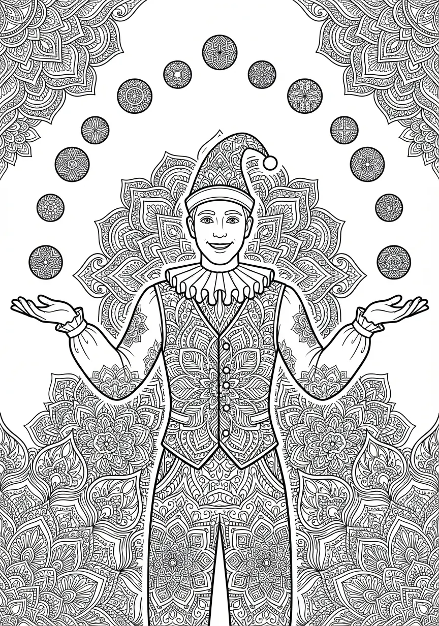 Detailreiches Mandala mit einem Jongleur und filigranen Ornamenten