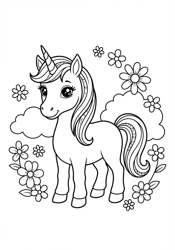 Ausgewogene Malvorlage mit einem eleganten Einhorn, das von detaillierten Blumen und Wolken umrahmt ist