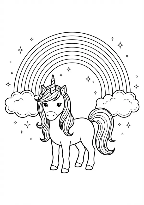 Ausgewogene Malvorlage mit einem eleganten Einhorn und einem detailreichen Regenbogenhintergrund