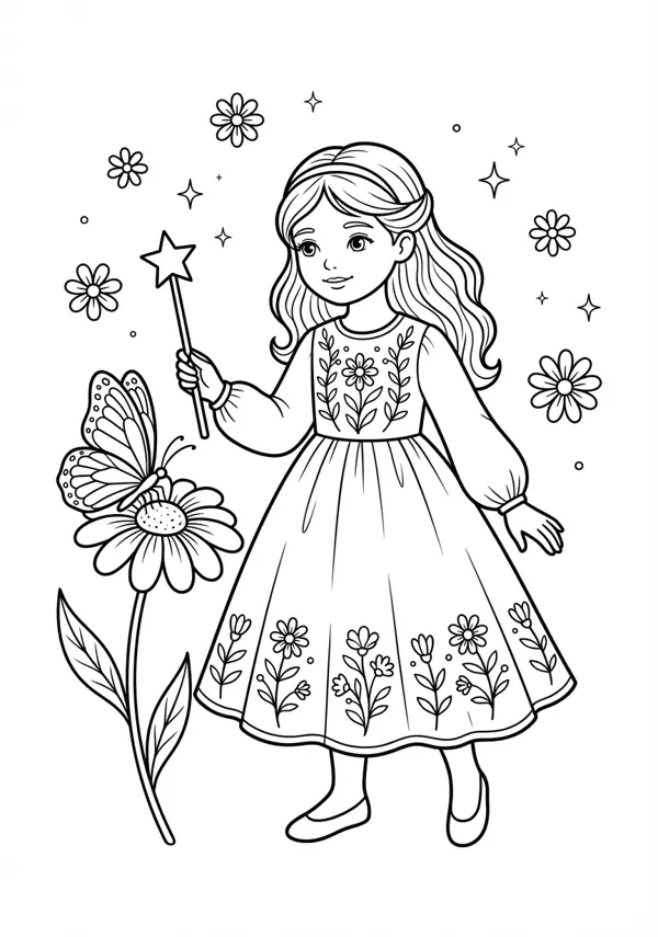 Ausgewogene Malvorlage einer Elfe in einem Kleid aus Blumen mit einem detaillierten Zauberstab und einem flatternden Schmetterling