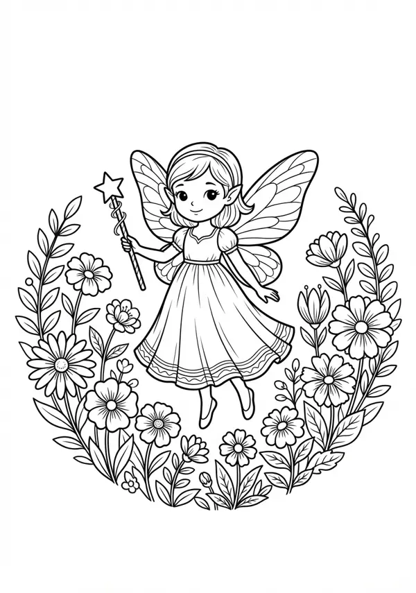 Detailreiche Malvorlage einer eleganten Fee mit gemusterten Flügeln und einem fließenden Kleid, die zwischen verschiedenen Blumen und Gräsern steht