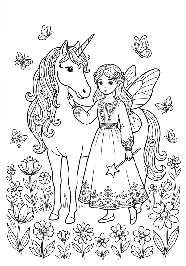 Detailreiche Malvorlage mit einer freundlichen Fee und einem Einhorn auf einer Blumenwiese mit ausgewogenen Elementen