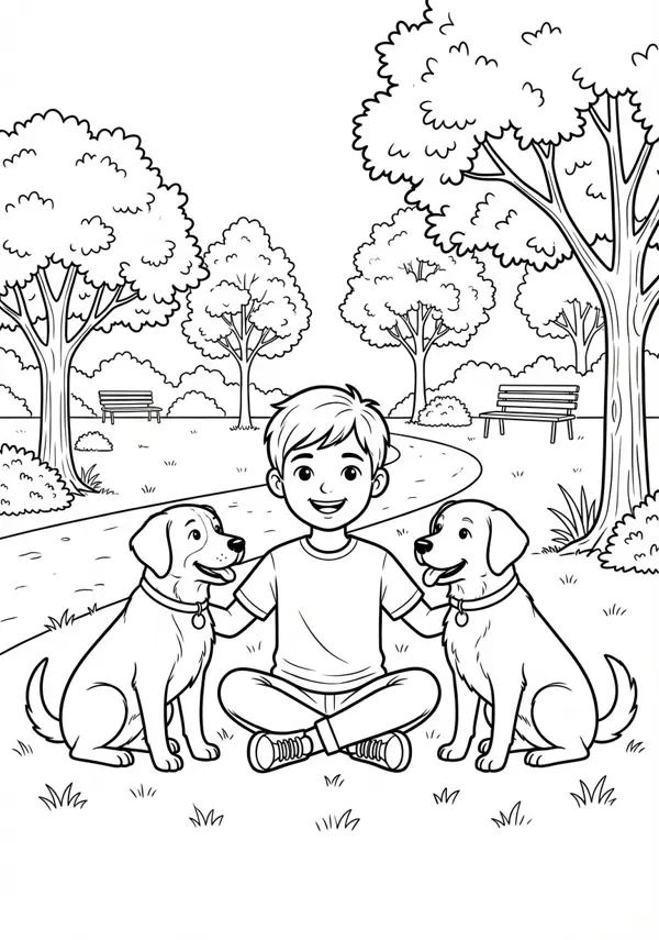 Ausgewogene Malvorlage zeigt einen Jungen mit seinen zwei Hunden in der Natur