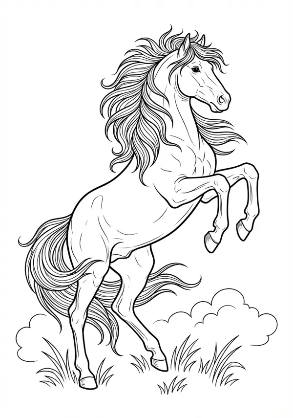 Ausgewogene Malvorlage eines sich aufbäumenden Pferdes mit detaillierter Mähne und Schweif für geübte Hände