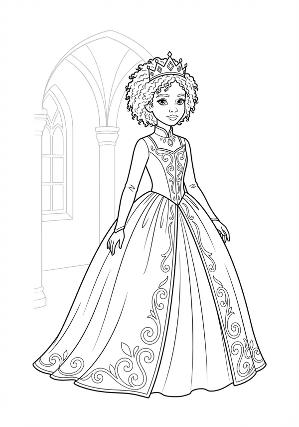 Ausgewogene Malvorlage einer Prinzessin mit detailliertem Schmuck und einem eleganten Abendkleid