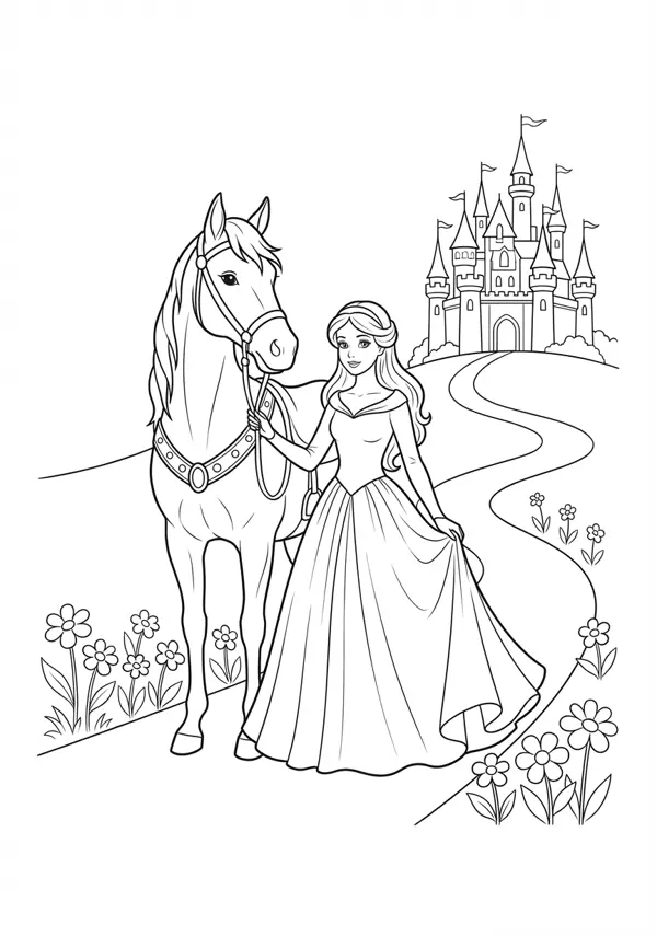 Ausgewogene Malvorlage einer Prinzessin, die ihr Pferd vor einer prachtvollen Märchenburg streichelt