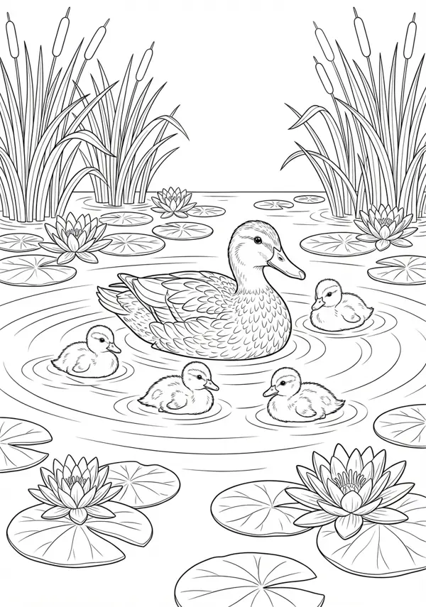 Ausgewogene Malvorlage einer Entenmutter und ihrer Küken, die zwischen Seerosen auf einem Teich schwimmen