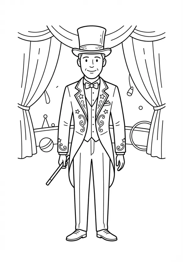 Ausgewogene Malvorlage eines Zauberers in eleganter Kleidung. Der Magier steht mit seinem Zauberstab vor einem verzierten Vorhang