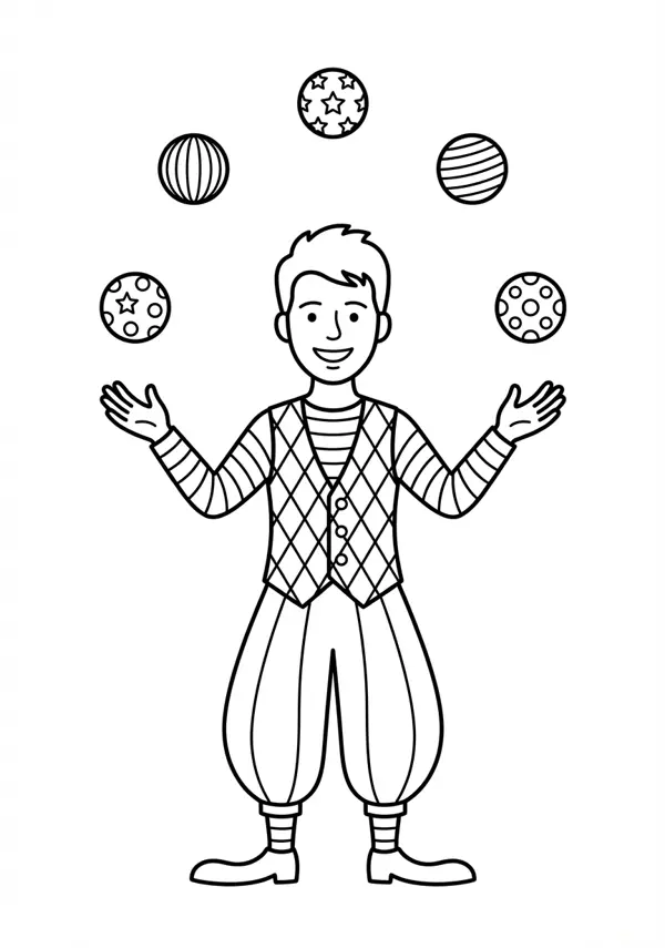 Ausgewogene Malvorlage eines Artisten im Kostüm, der mit detailreich verzierten Bällen jongliert