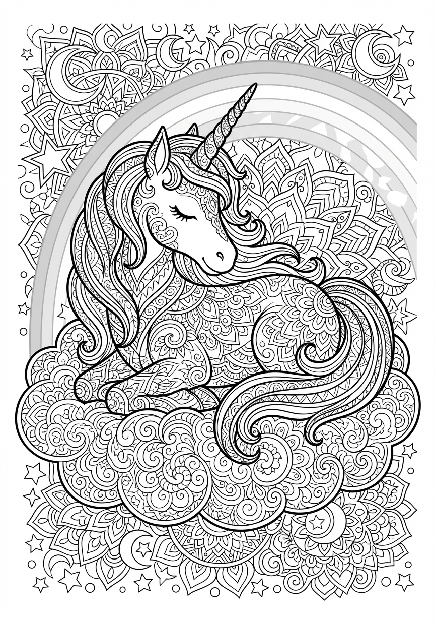 Detailreiches Einhorn Mandala mit filigranen Mustern am Himmel