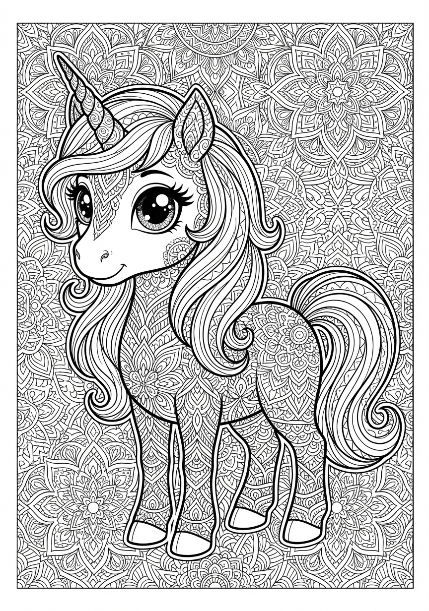 Hochdetailliertes Einhorn Mandala mit komplexen Ornamenten