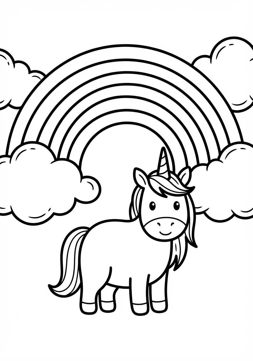 Fröhliches Einhorn vor einem Regenbogen mit Wolken