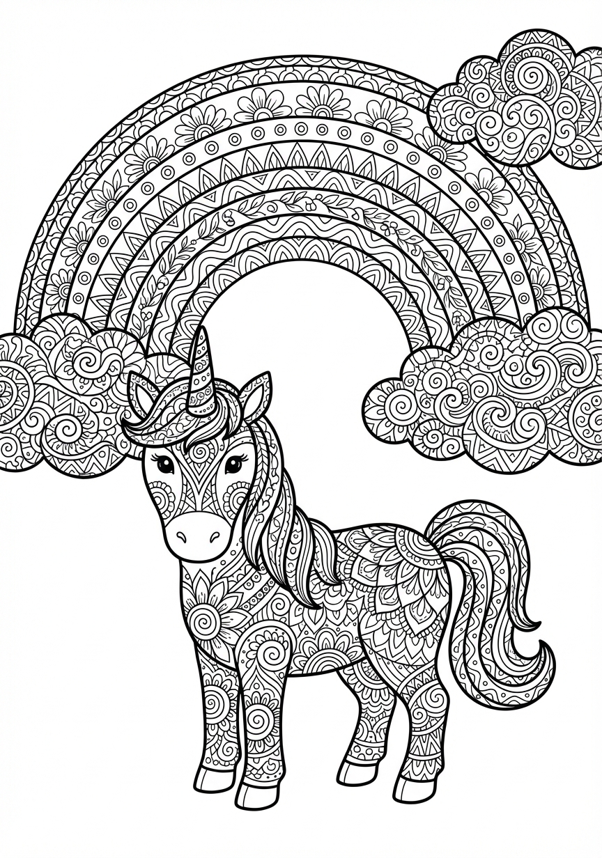Detailreiches Einhorn Mandala vor einem filigranen Regenbogen
