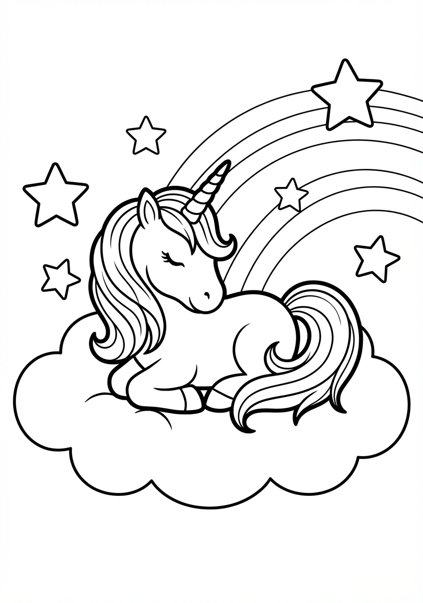 Zauberhaftes Einhorn sitzt auf einer Wolke mit großen Sternen