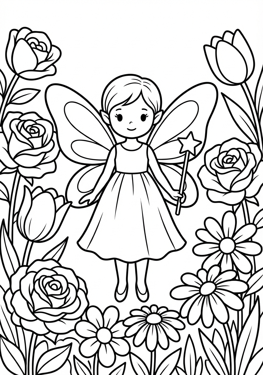 Bezaubernde kleine Fee zwischen einfachen großen Blumen