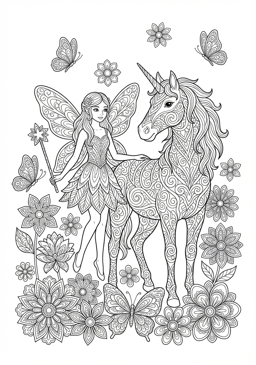 Filigranes Fee und Einhorn Mandala mit Ornamenten