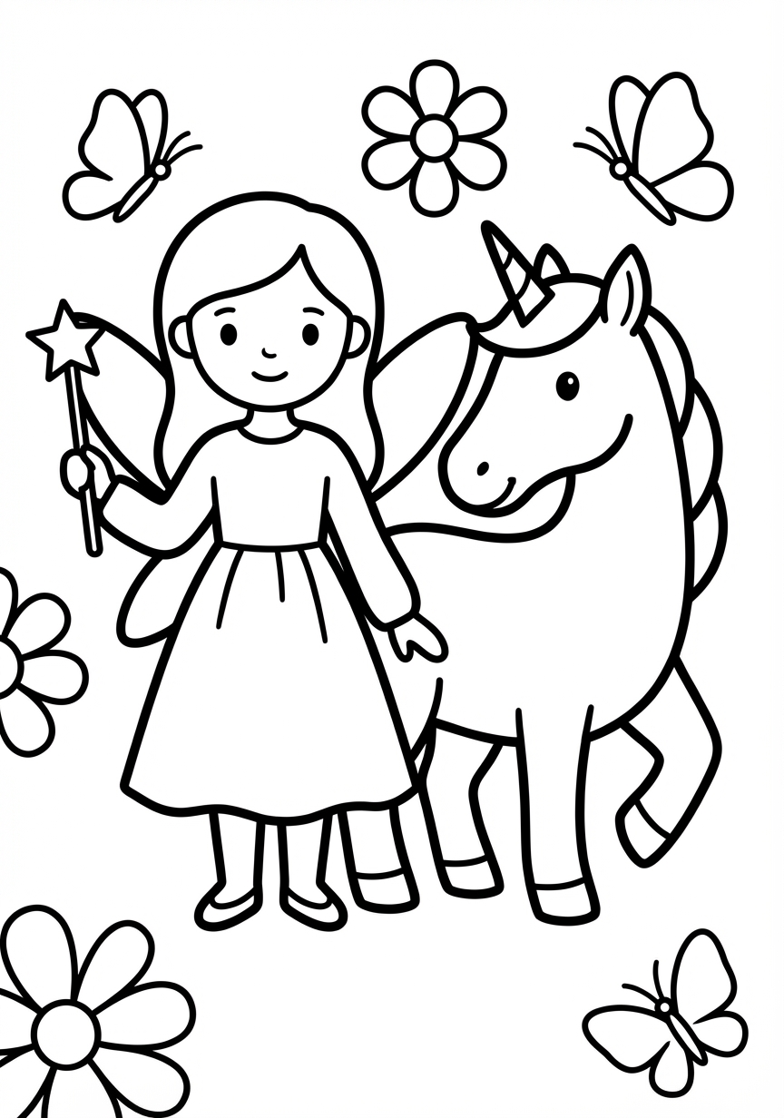 Zauberhafte Fee streichelt ein liebes Einhorn