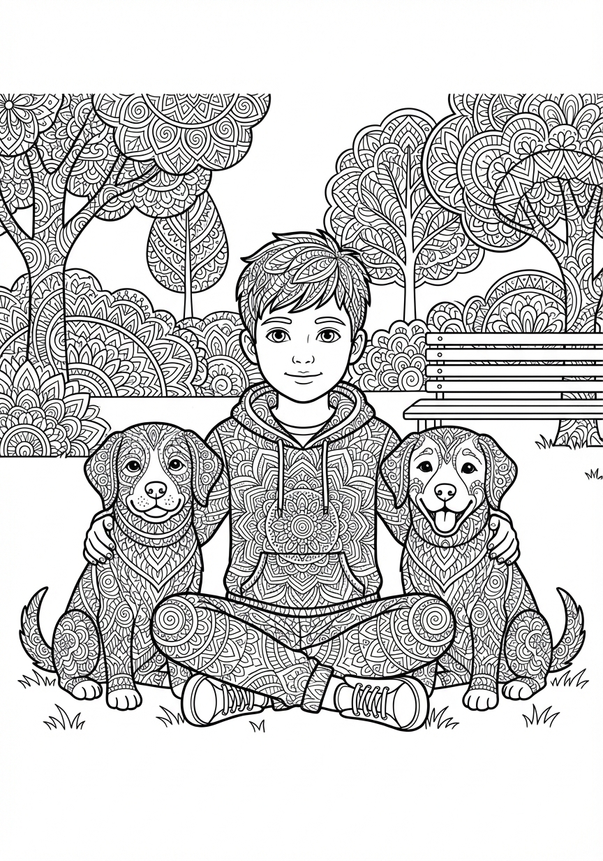 Komplexes Mandala mit einem Jungen und zwei verspielten Hunden