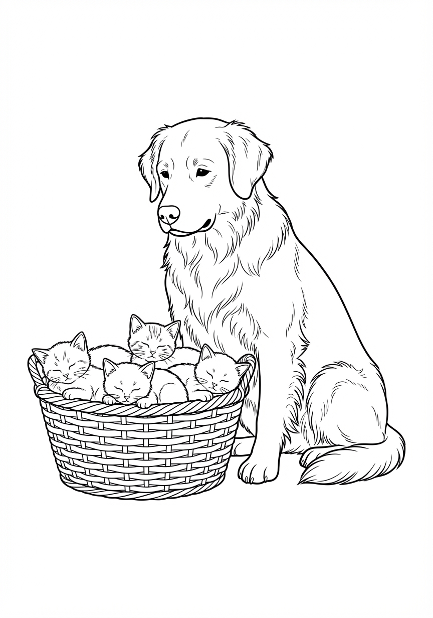 Ein wachsamer Hund und schlummernde Kätzchen