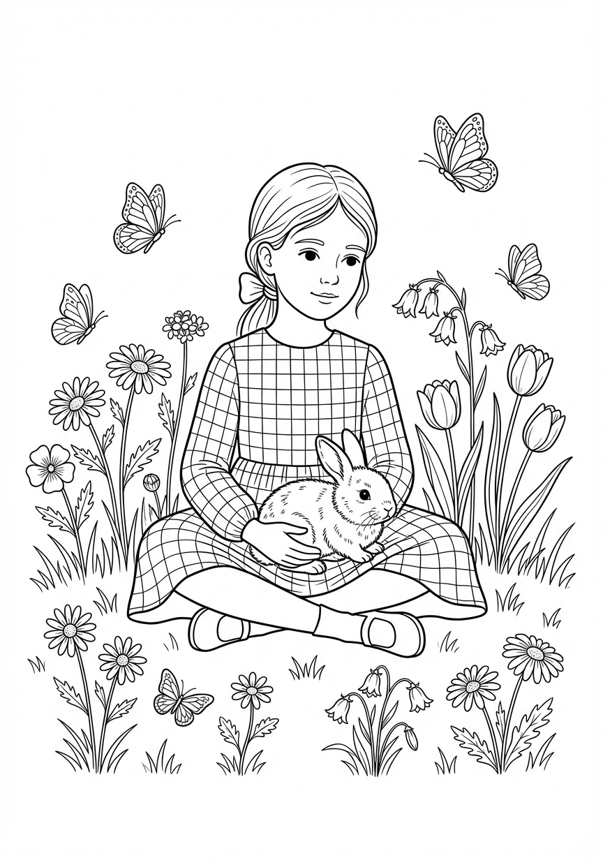 Ein glücklicher Moment zwischen Mädchen und Kaninchen im Blumenfeld