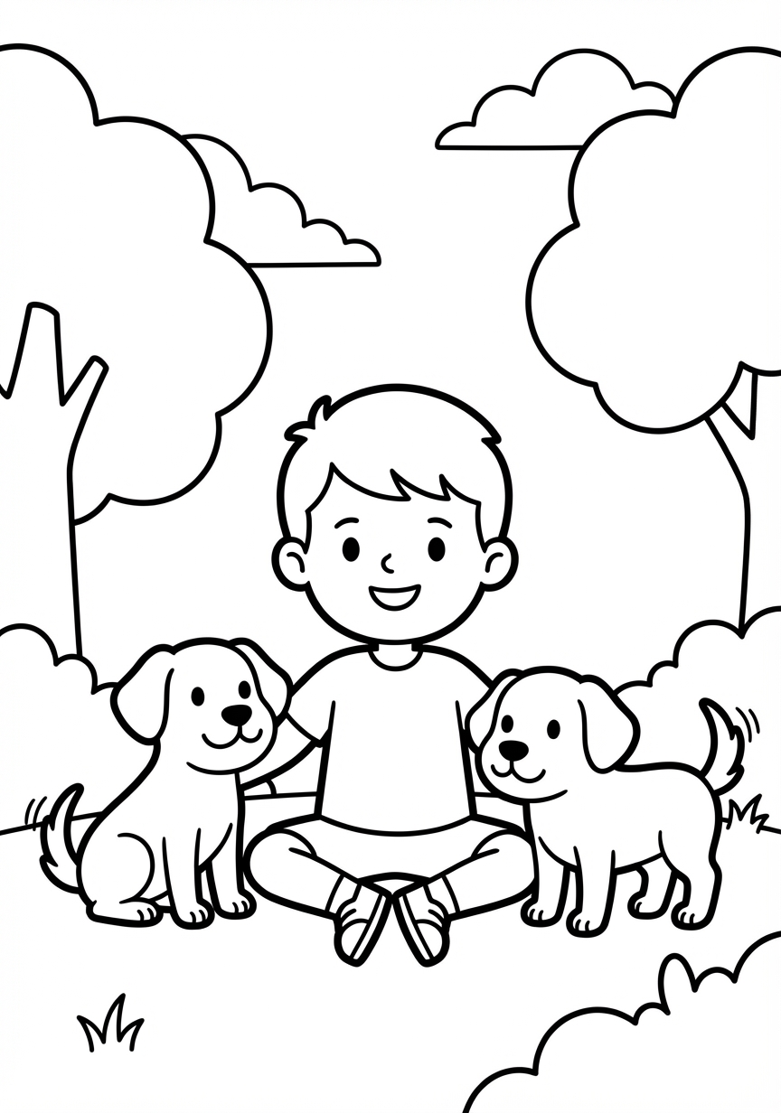 Fröhlicher Junge spielt mit seinen Hunden draußen