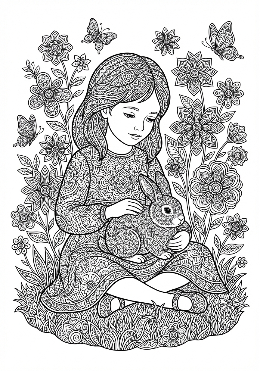 Komplexes Mandala mit einem Mädchen und einem Hasen