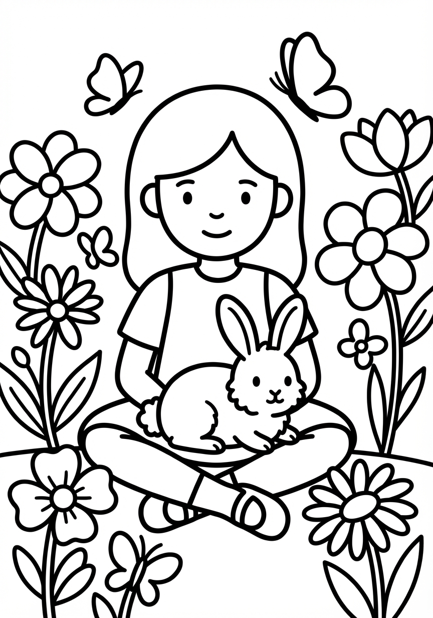 Einfaches Mädchen umarmt liebevoll einen süßen Hasen