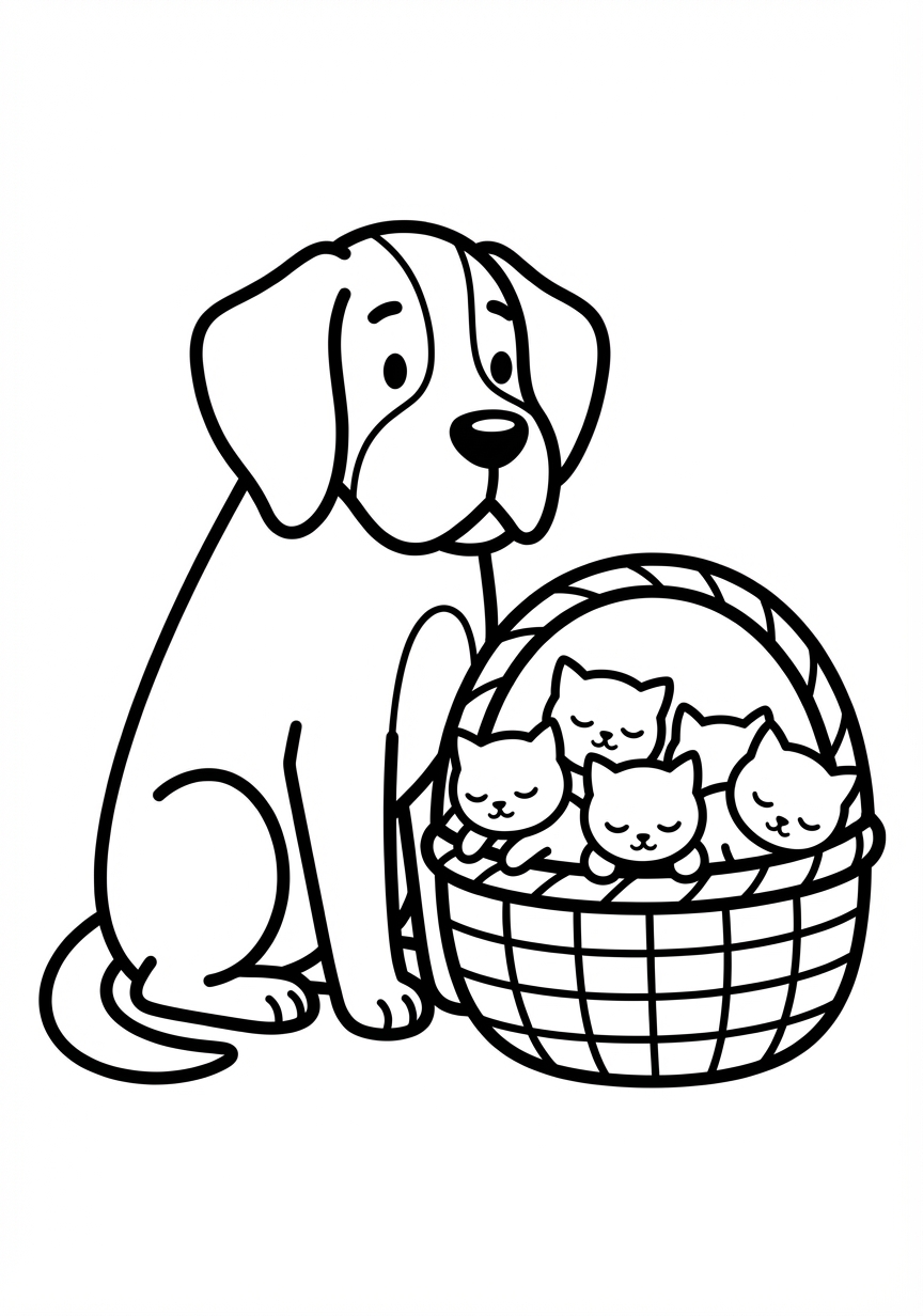 Ein großer freundlicher Hund bewacht kleine Kätzchen