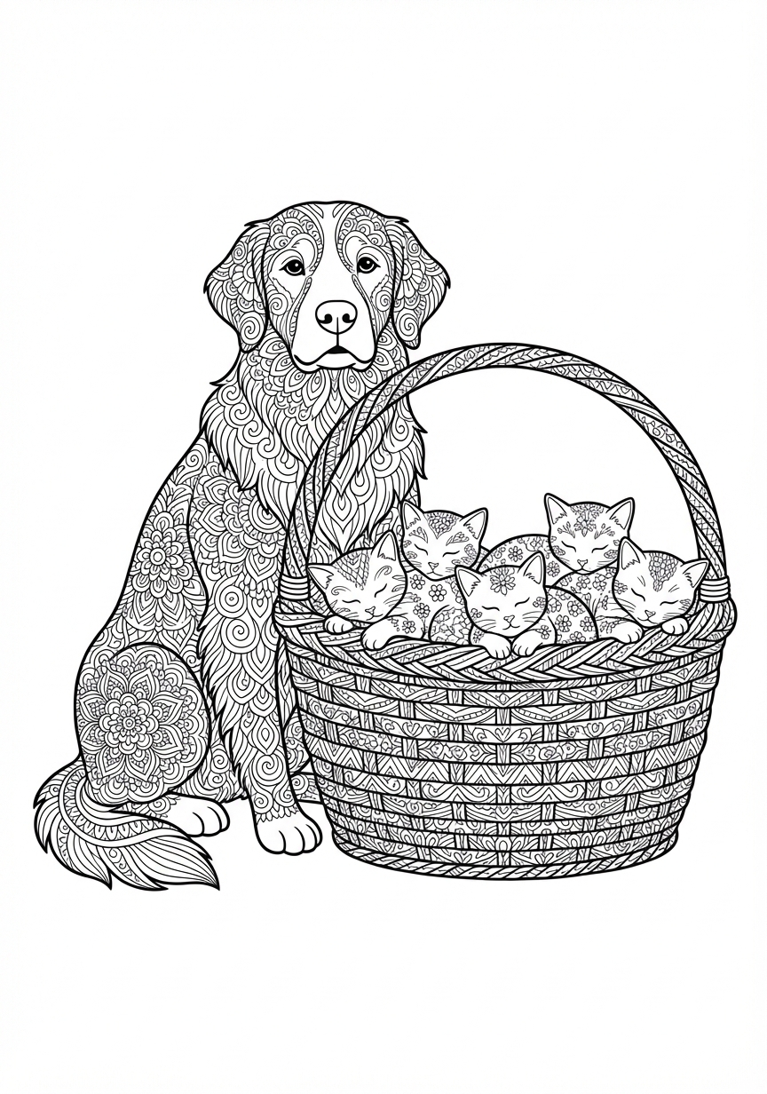 Komplexes Mandala mit Hund und filigranen Katzenbabys