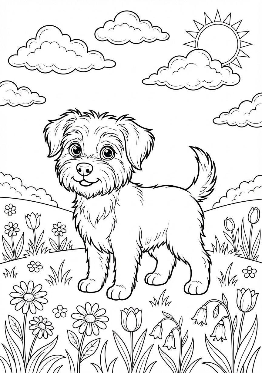 Detailreicher Comic Hund auf einer blühenden Sommerwiese