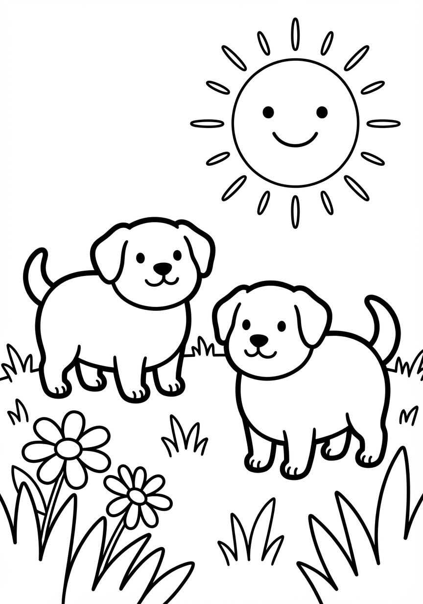 Zwei glückliche Hunde mit großen Blumen zum Gestalten