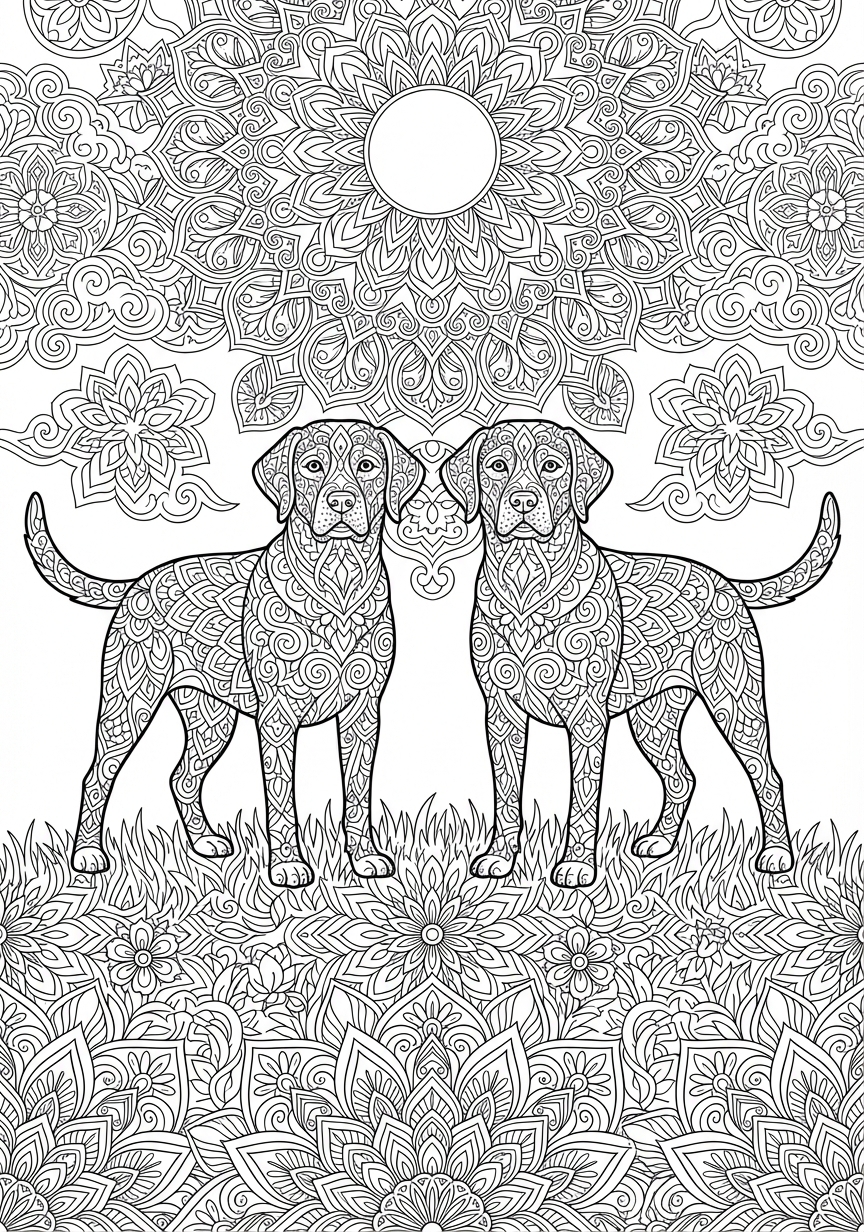 Detailreiches Hunde Mandala mit feinen floralen Verzierungen