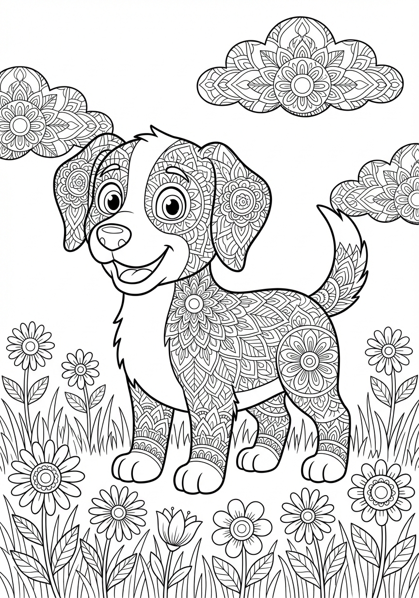 Komplexes Hund Mandala mit filigranen, kunstvollen Mustern