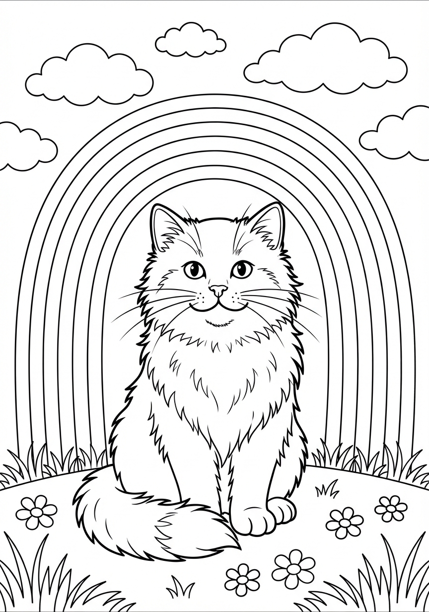 Anmutige Katze genießt den Tag vor einem Regenbogen