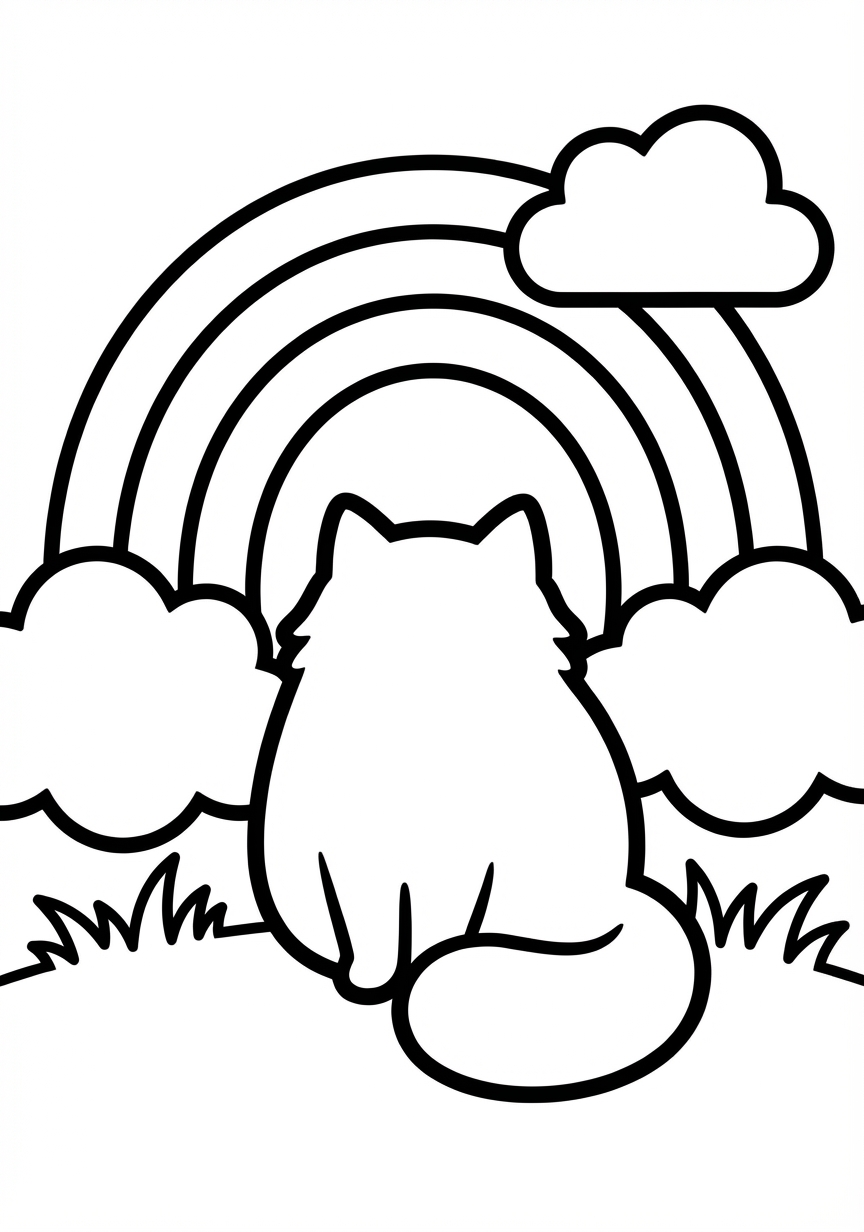 Glückliche Katze vor einem weiten Regenbogen zum Gestalten