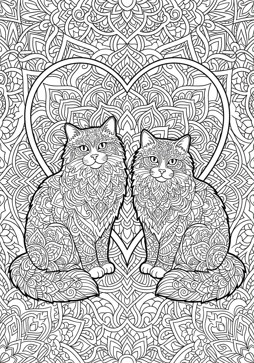 Filigranes Katzen-Mandala mit einem detailreichen Herz