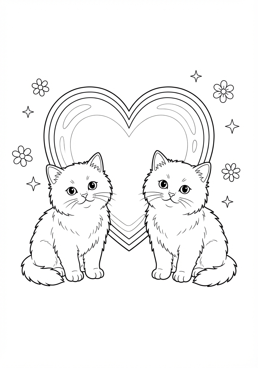 Zwei elegante Katzen vor einem kunstvollen Herzen