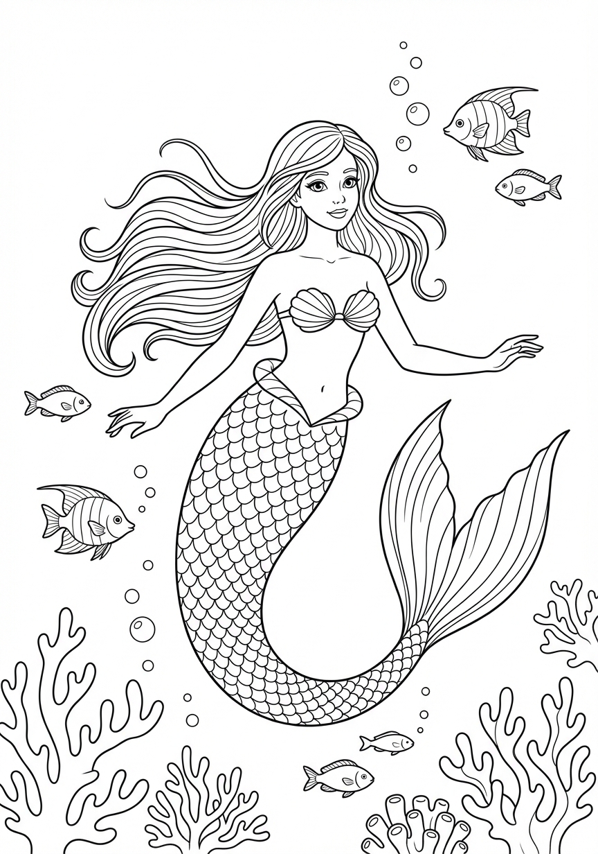 Anmutige Meerjungfrau zwischen Korallen und Meeresbewohnern