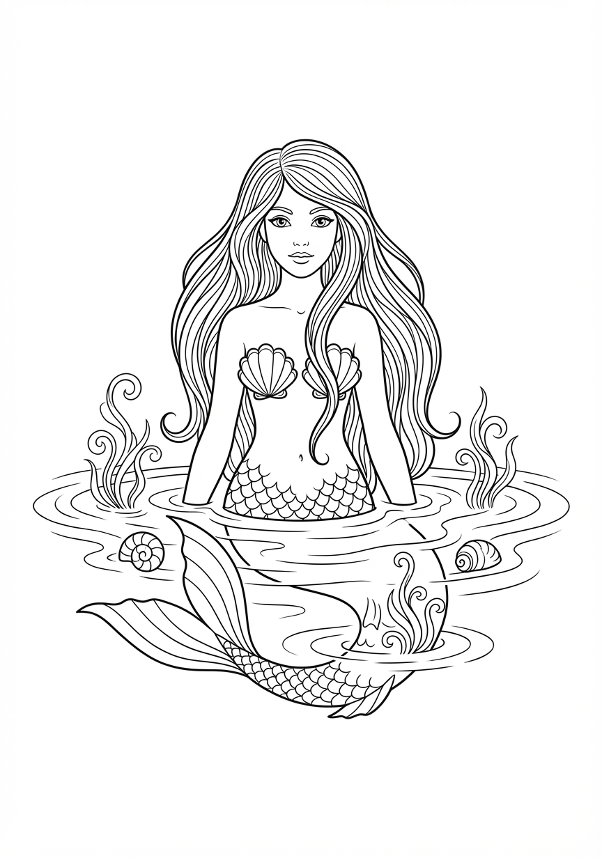 Schöne Meerjungfrau mit detailliertem Haarschmuck und Flosse