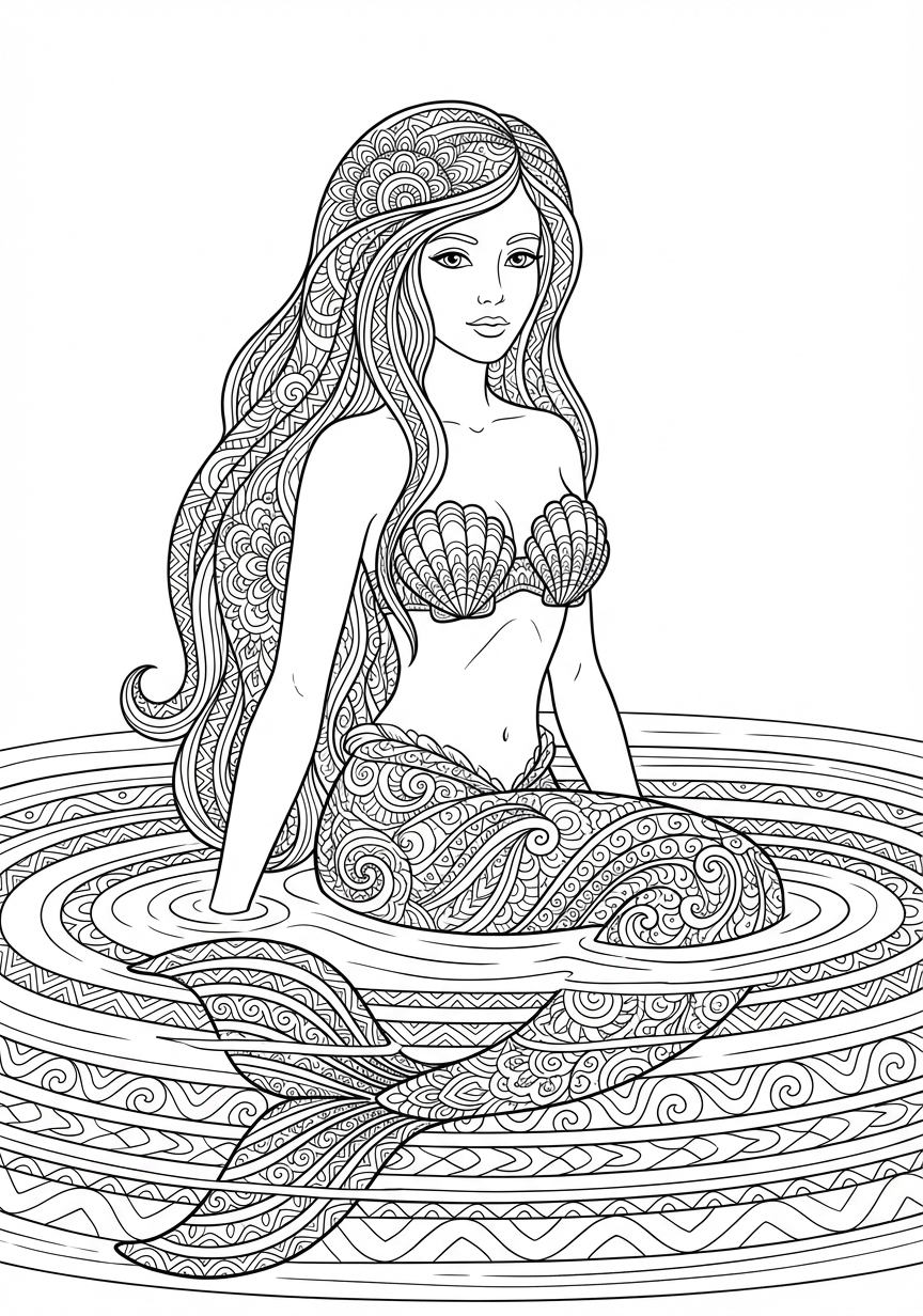 Detailreiches Mandala mit einer Nixe und filigranen Mustern