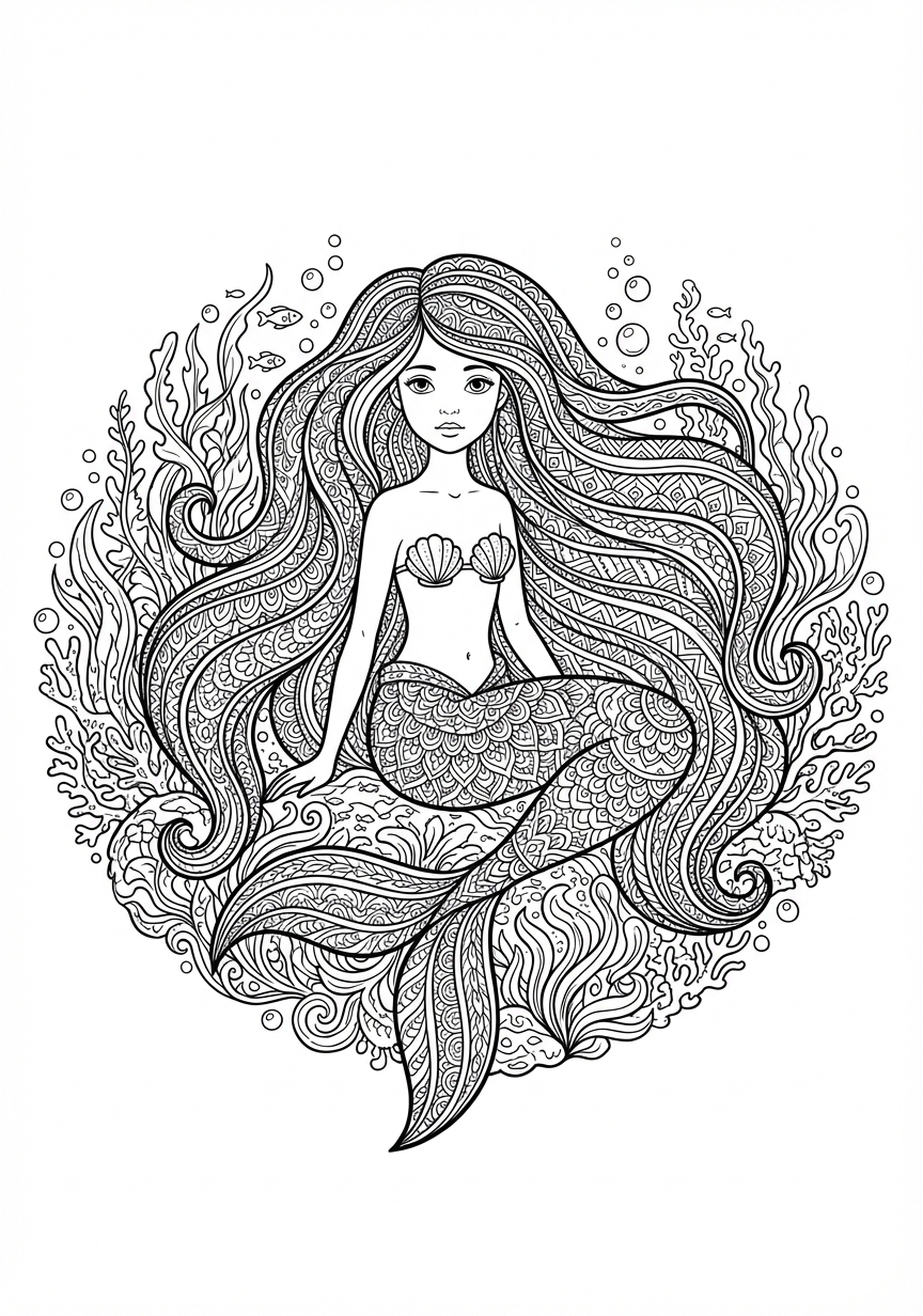 Komplexes Meerjungfrauen Mandala mit filigranen Details